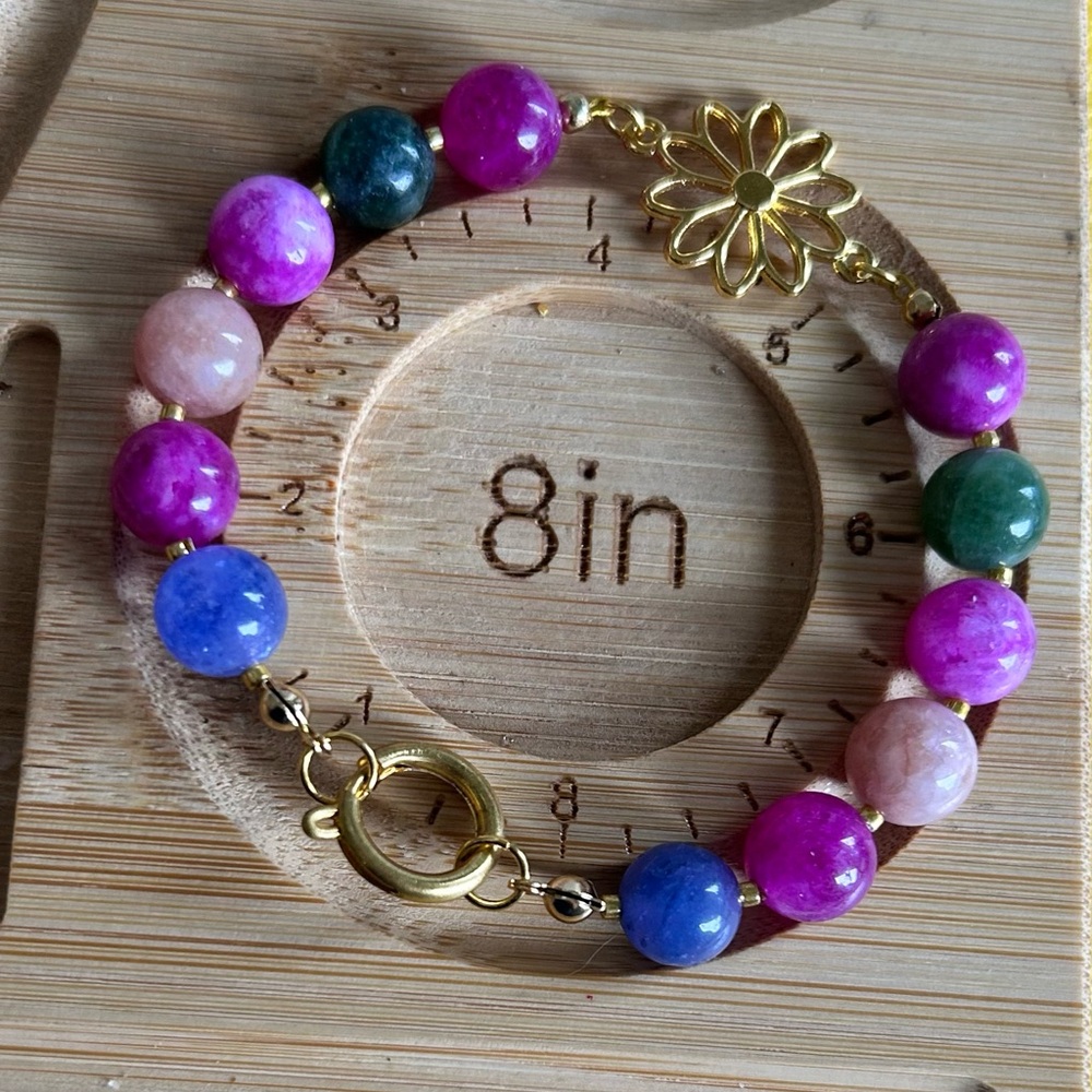 Gold Flower Accent Multicolor Bead Bracelet - Pink, Blue & Green